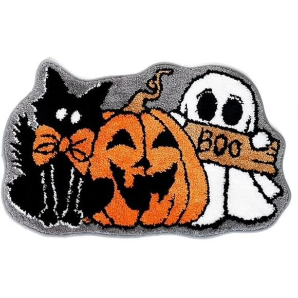 Halloween Bath Rug Ghost Pumpkin Black Cat Non Slip Tufted Bathroom Floor Mat - Picture 7 of 7